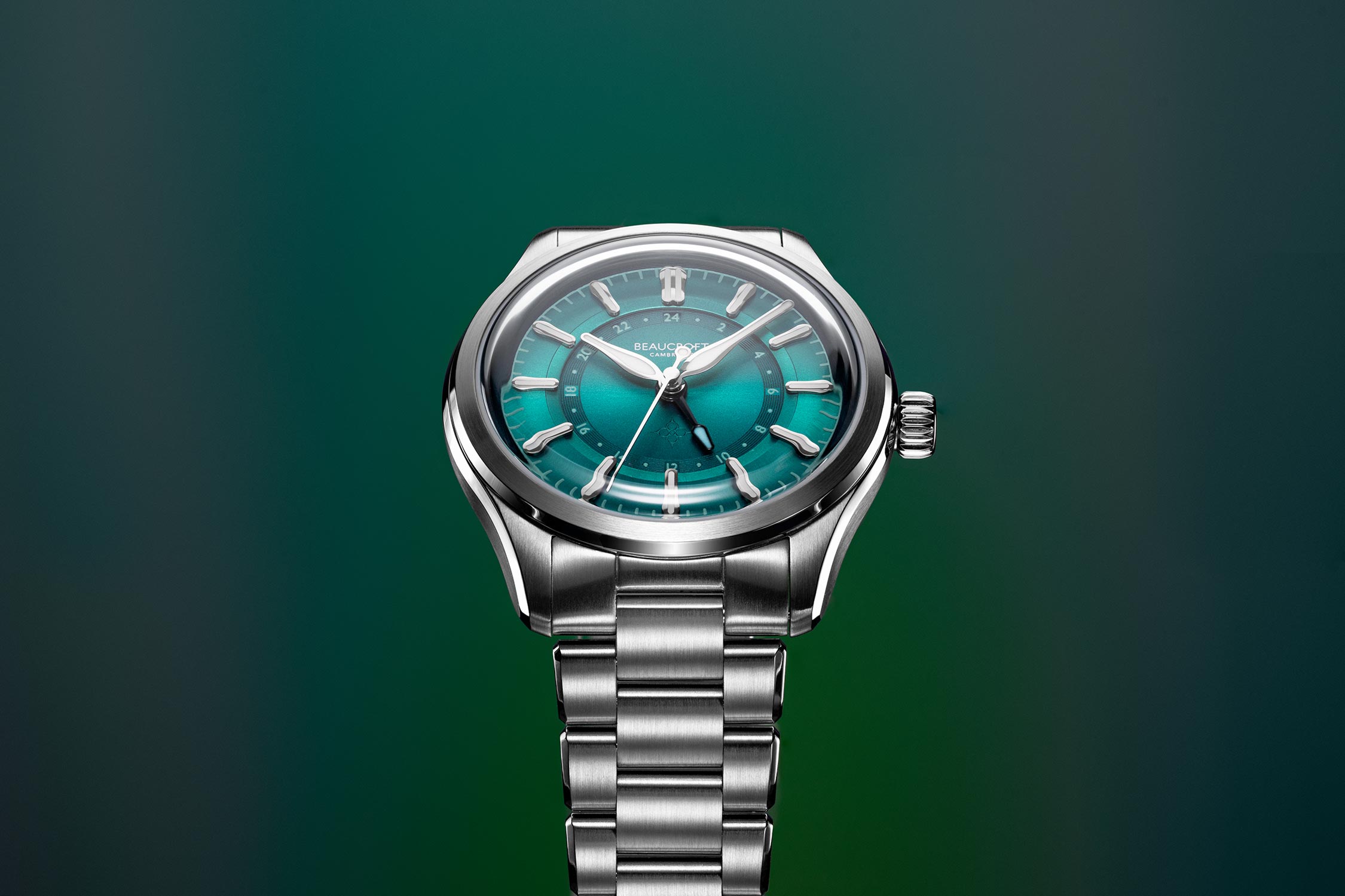 Studio hero product photography of a Beaucroft watch.