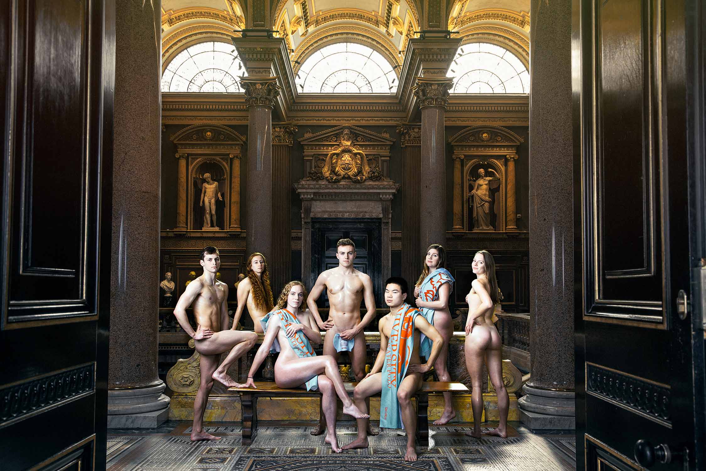 Cover shot for the University of Cambridge RAG Naked Calendar 2021. The swimming team photographed in the Fitzwilliam Museum.
